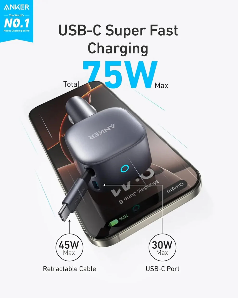 Anker 2 in 1 nano car charger 75w (usb-c port,built in retractable usb-c cable) - Image 2