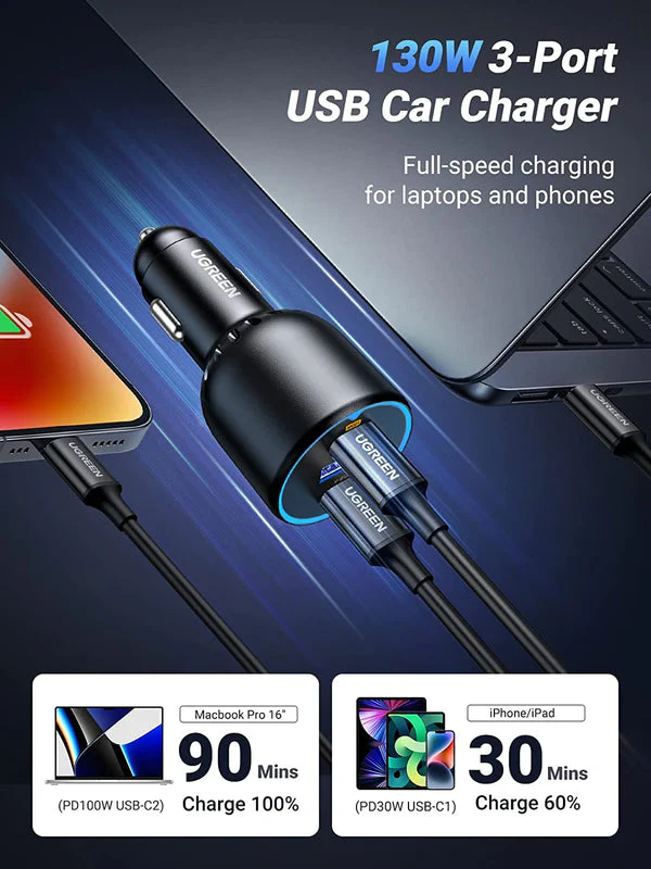 Ugreen 130w 3-port fast car charger+usb-c cable (2x usb-c,1x usb-a) 55511 - Image 2