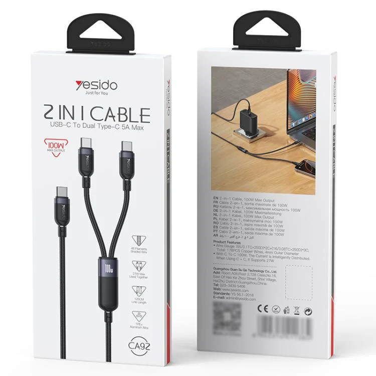 YESIDO 2 IN 1 CABLE USB-C TO DUAL TYPE-C 5A MAX (100W MAX OUTPUT) CA92 - Image 7