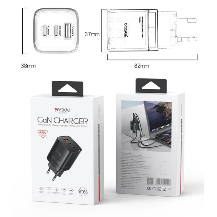 YESIDO GAN CHARGER SIMULTANEOUSLY CHARGES LAPTOPS, PHONES, AND TABLETS YC65 - Image 4