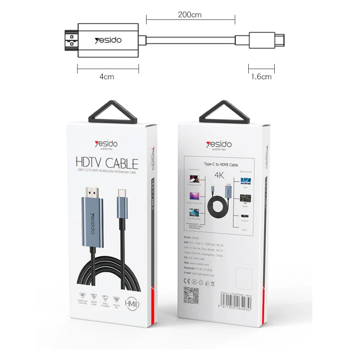 YESIDO HDTV CABLE USB-C 2.0 TO HDTV 4K 60HZ ULTRA EXTENSION CABLE HM10 - Image 2