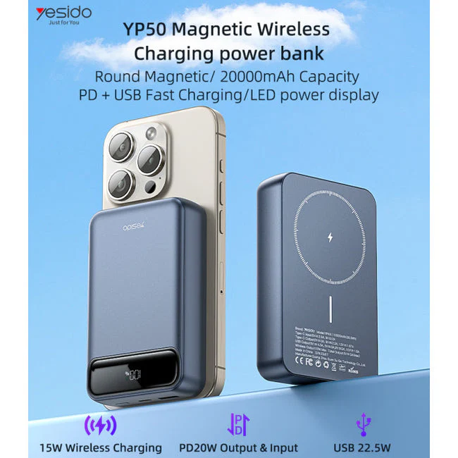 YESIDO POWER BANK LED DIGITAL DISPLAY SUPPORT PD/QC2.0/3.0/FCP/PS/AFC PROTOCOL 15W WIRELESS OUTPUT YP50 - Image 2