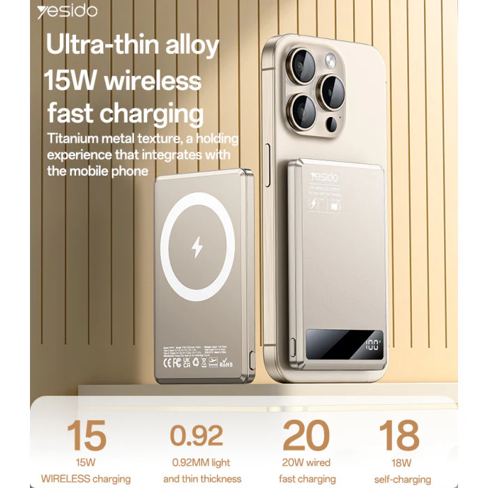 YESIDO POWER BANK ULTRA SLIM WIRELESS CHARGER 15W WIRELESS OUTPUT 5000 MAH YP66 - Image 2