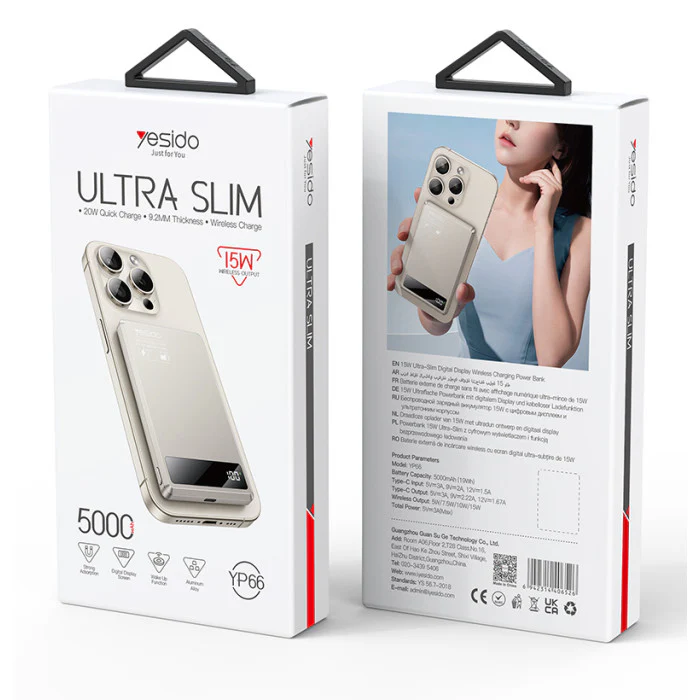 YESIDO POWER BANK ULTRA SLIM WIRELESS CHARGER 15W WIRELESS OUTPUT 5000 MAH YP66 - Image 3